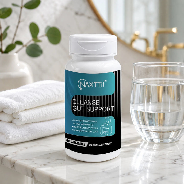 Tynva Gut Cleanse supplement in a clean bathroom vanity setting